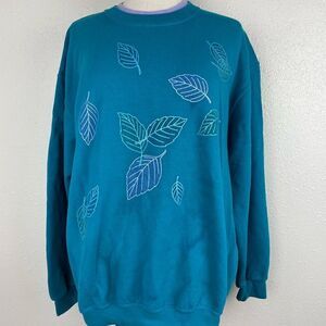Vintage Morning Sun Womens Teal and Purple Leaf Pattern Sweater Size XL